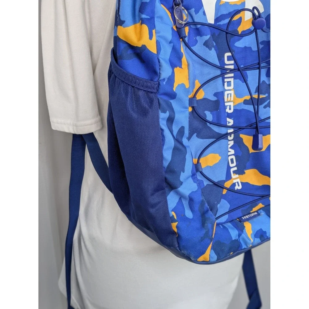 Under Armour Hustle Sport Storm Backpack Blue Yellow Camo Laptop School Travel
